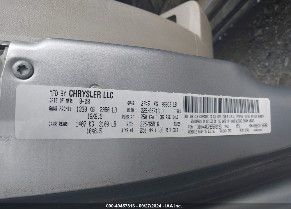 2009 DODGE GRAND CARAVAN SE VIN: 1D8HN44E79B506123