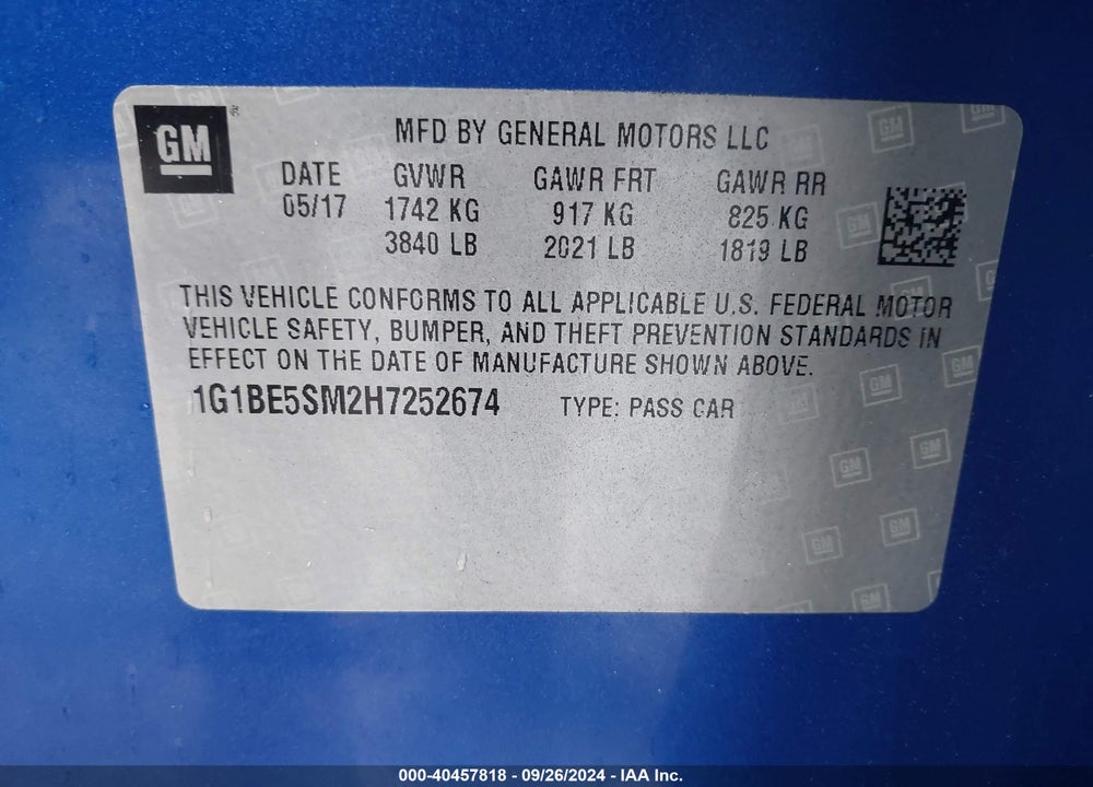 2017 CHEVROLET CRUZE LT AUTO VIN: 1G1BE5SM2H7252674