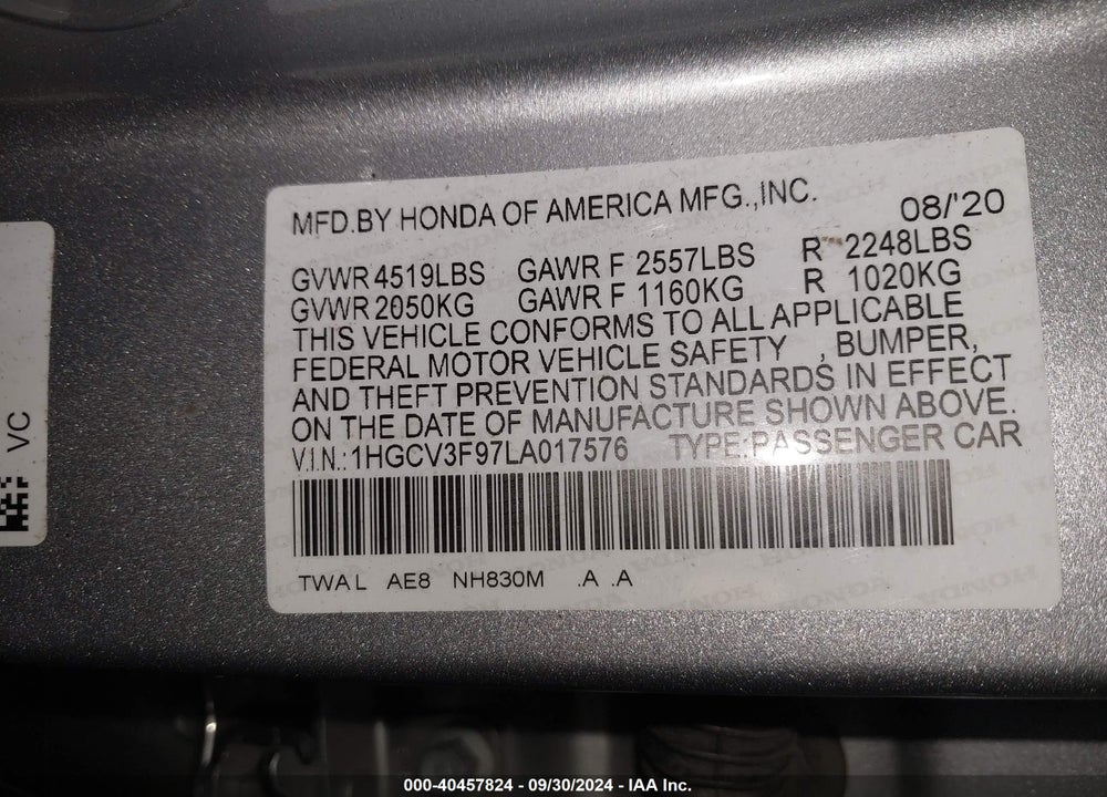 2020 HONDA ACCORD HYBRID TOURING VIN: 1HGCV3F97LA017576