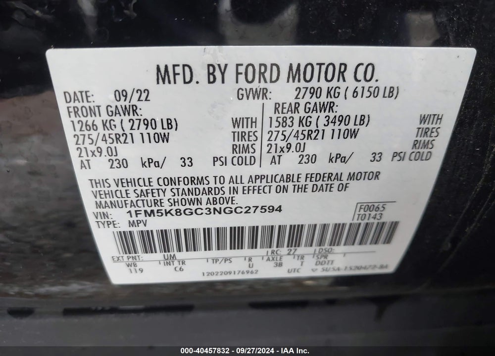 2022 FORD EXPLORER ST VIN: 1FM5K8GC3NGC27594