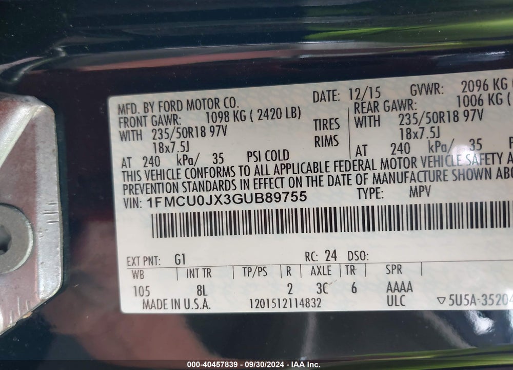 2016 FORD ESCAPE TITANIUM VIN: 1FMCU0JX3GUB89755