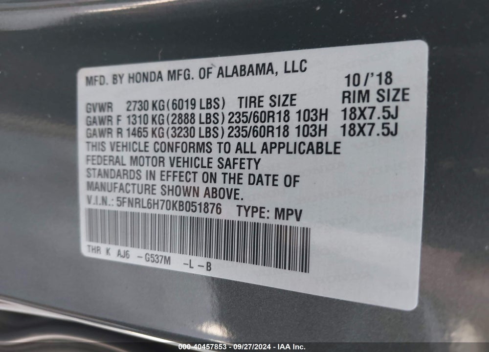 2019 HONDA ODYSSEY EX-L VIN: 5FNRL6H70KB051876