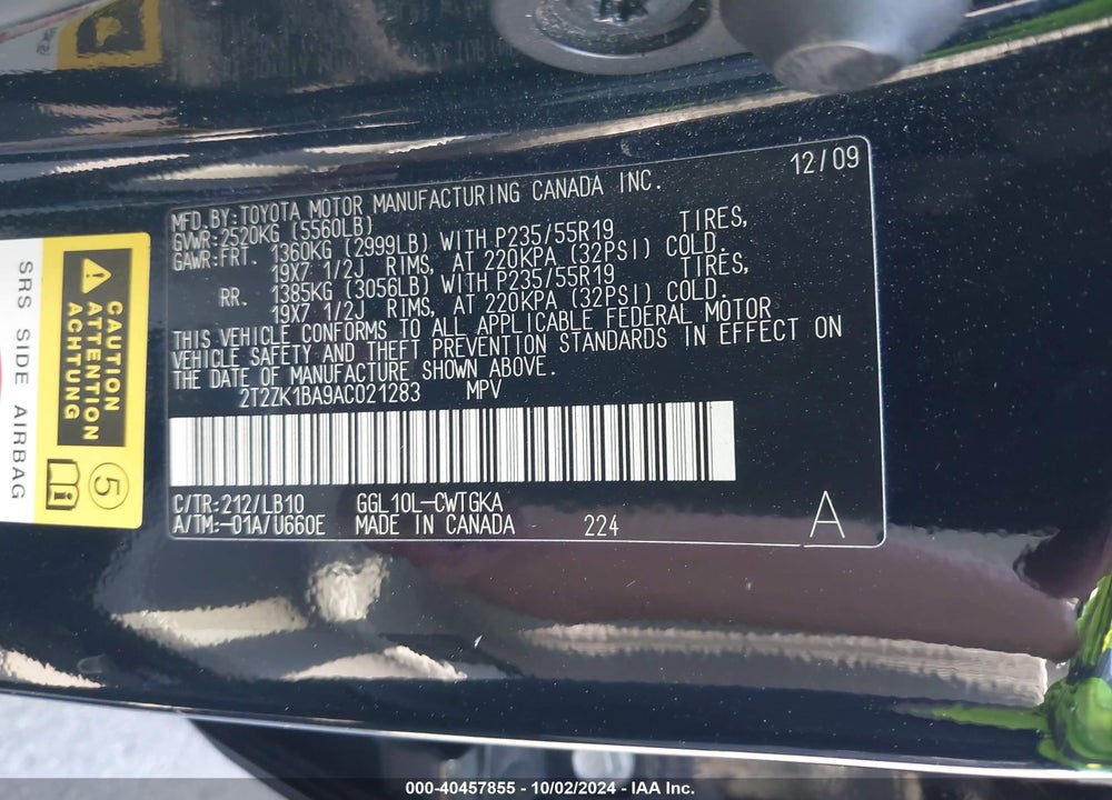 2010 LEXUS RX 350 VIN: 2T2ZK1BA9AC021283