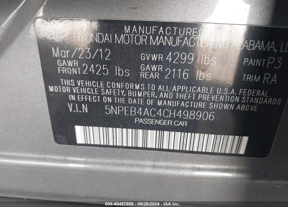 2012 HYUNDAI SONATA GLS VIN: 5NPEB4AC4CH498906