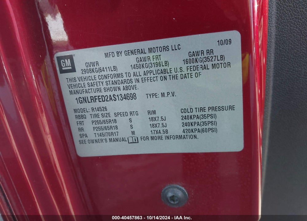 2010 CHEVROLET TRAVERSE LT VIN: 1GNLRFED2AS134698