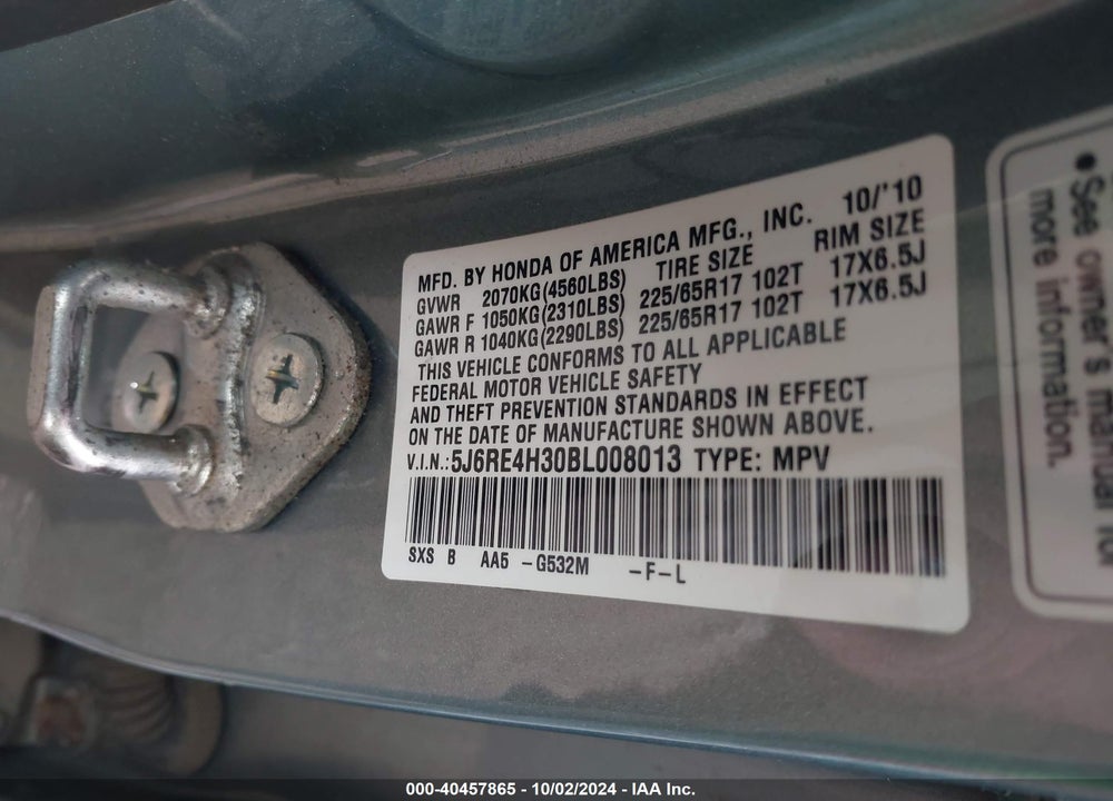 2011 HONDA CR-V LX VIN: 5J6RE4H30BL008013