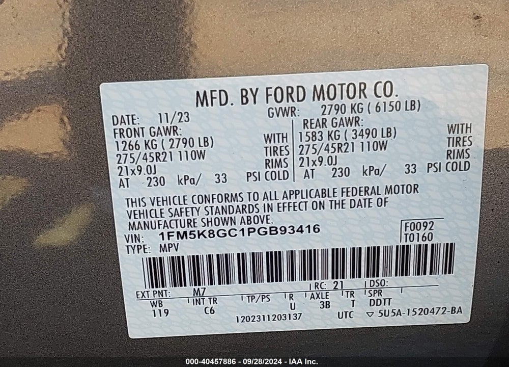 2023 FORD EXPLORER ST VIN: 1FM5K8GC1PGB93416