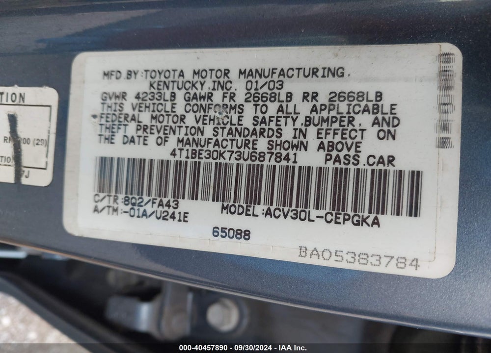 2003 TOYOTA CAMRY XLE VIN: 4T1BE30K73U687841