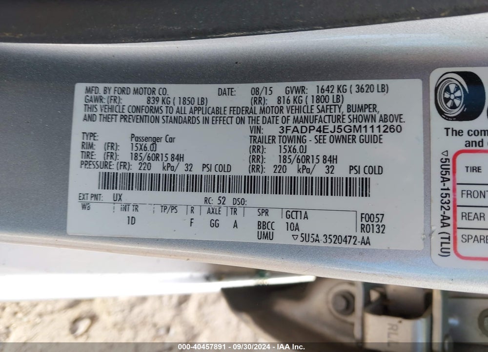 2016 FORD FIESTA SE VIN: 3FADP4EJ5GM111260