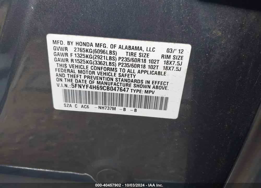2012 HONDA PILOT EX-L VIN: 5FNYF4H69CB047647