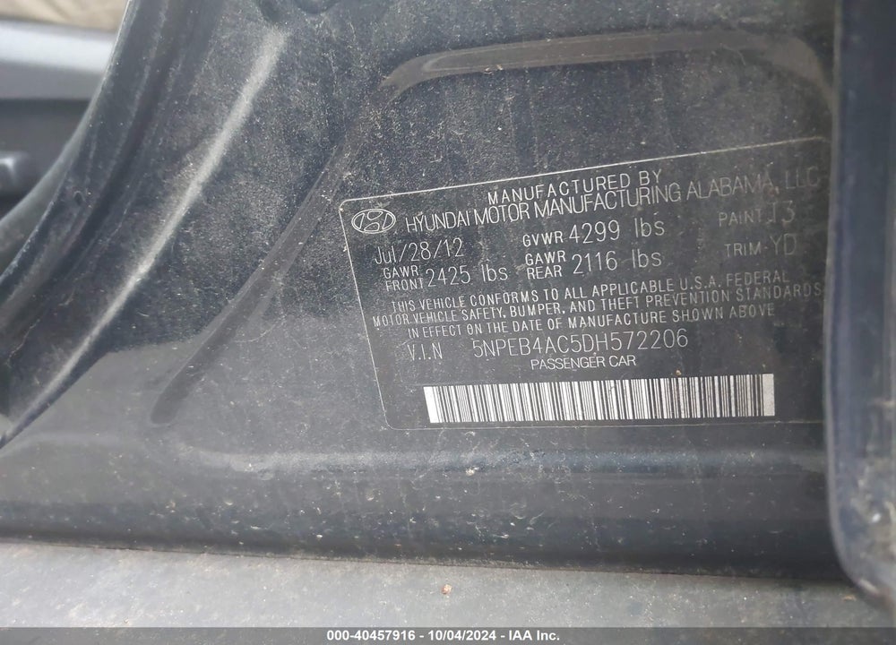 2013 HYUNDAI SONATA GLS VIN: 5NPEB4AC5DH572206