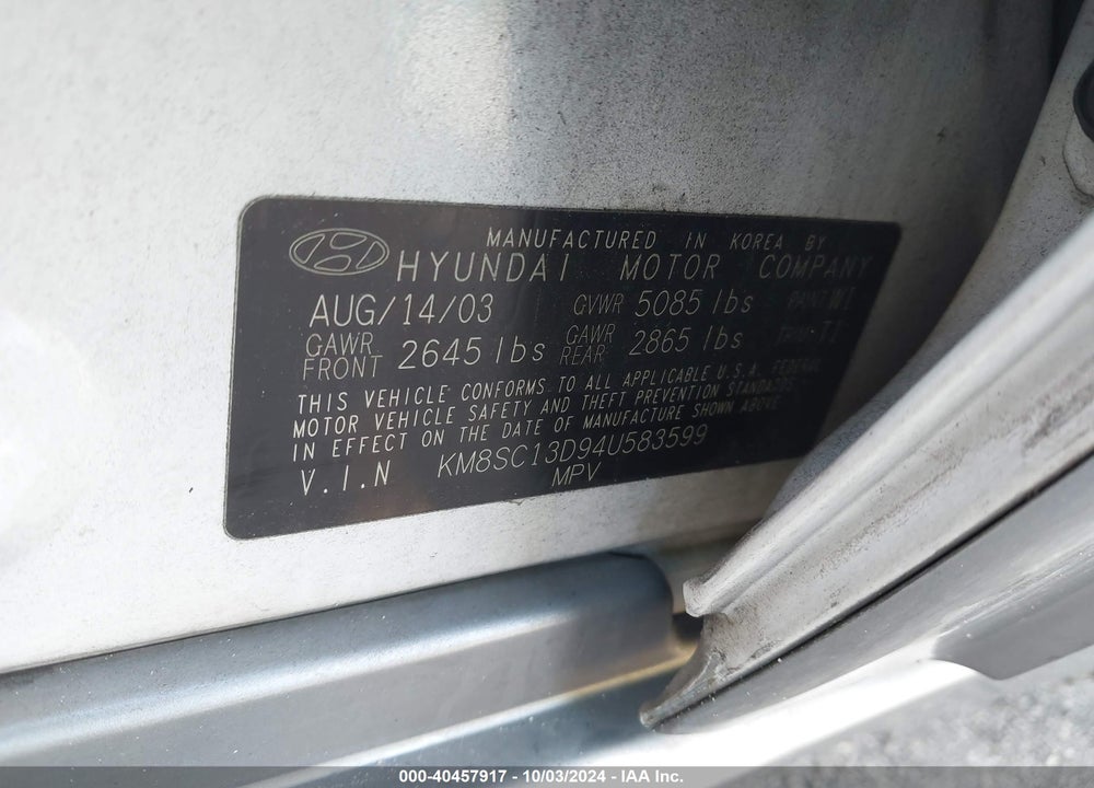 2004 HYUNDAI SANTA FE GLS VIN: KM8SC13D94U583599