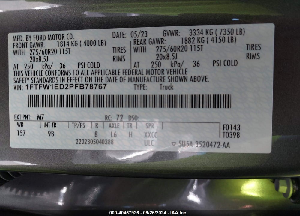 2023 FORD F-150 PLATINUM VIN: 1FTFW1ED2PFB78767