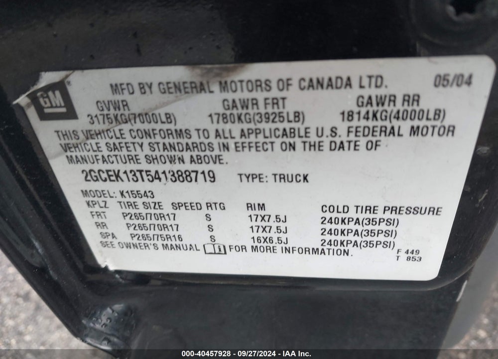 2004 CHEVROLET SILVERADO 1500 Z71 VIN: 2GCEK13T541388719