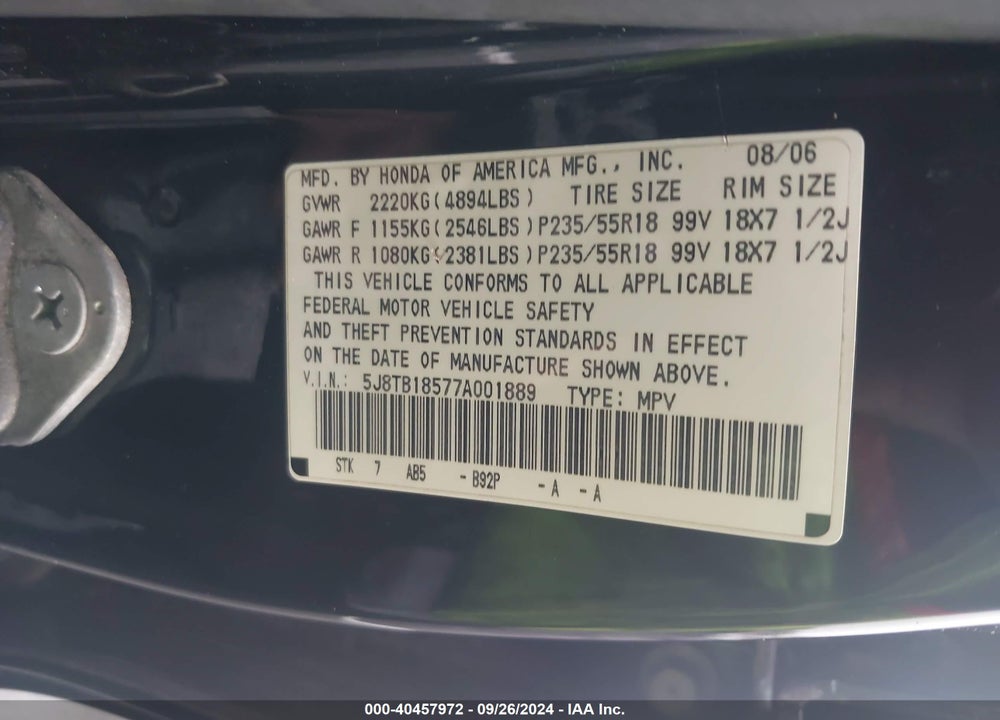 2007 ACURA RDX VIN: 5J8TB18577A001889