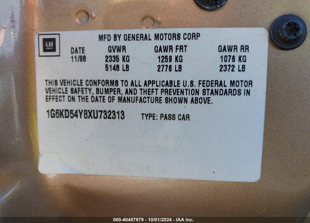 1999 CADILLAC DEVILLE STANDARD VIN: 1G6KD54Y8XU732313