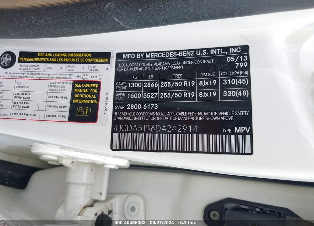 2013 MERCEDES-BENZ M-CLASS ML 350 VIN: 4JGDA5JB6DA242914