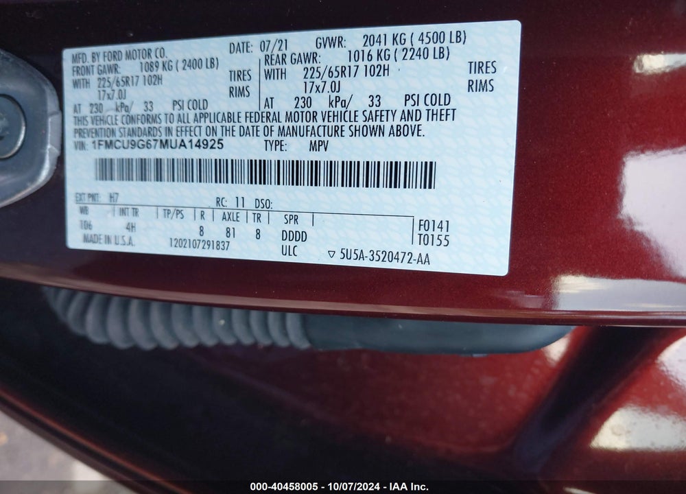 2021 FORD ESCAPE SE VIN: 1FMCU9G67MUA14925