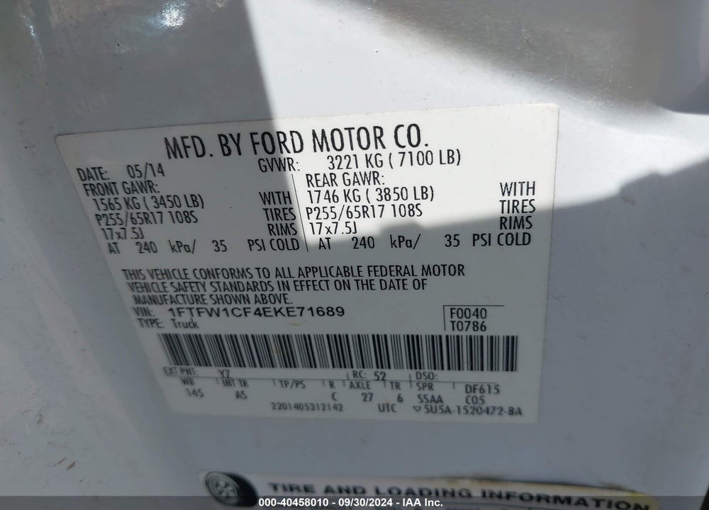 2014 FORD F-150 XL VIN: 1FTFW1CF4EKE71689