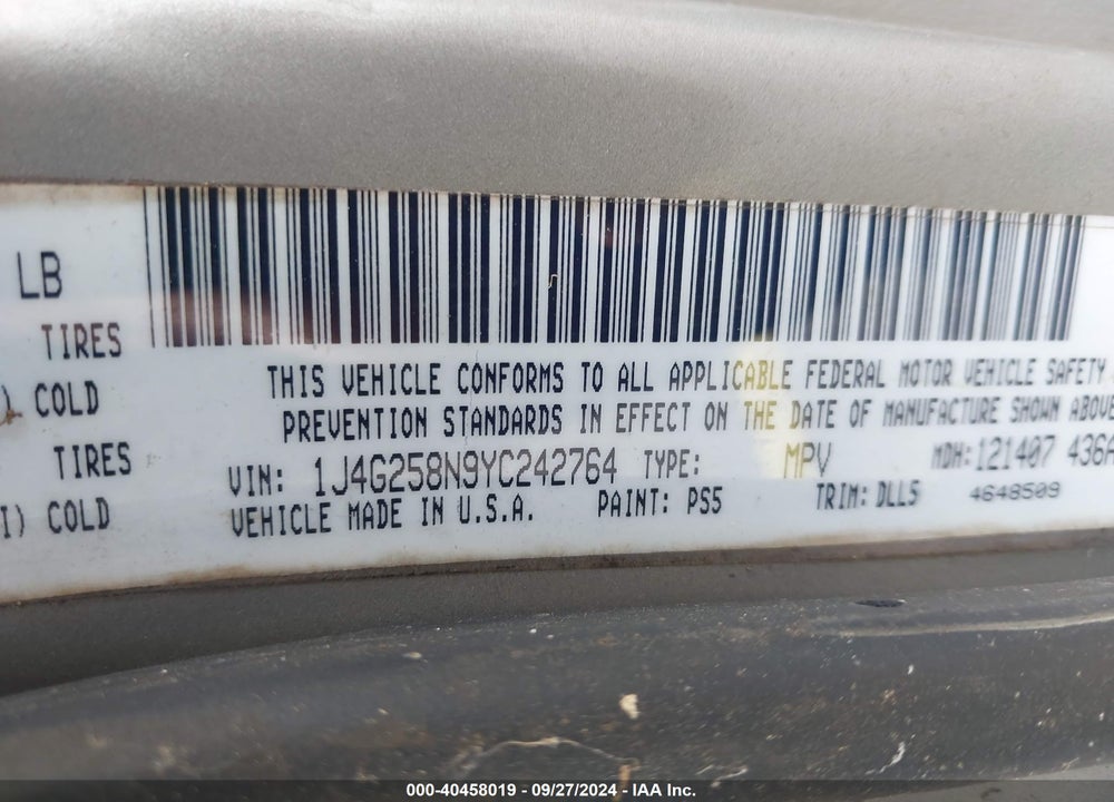 2000 JEEP GRAND CHEROKEE LIMITED VIN: 1J4G258N9YC242764