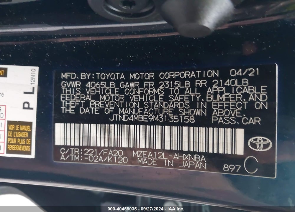 2021 TOYOTA COROLLA VIN: JTND4MBE9M3135158