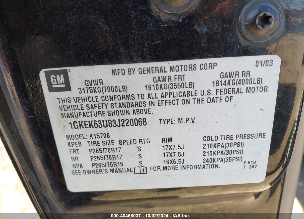 2003 GMC YUKON DENALI VIN: 1GKEK63U83J220068