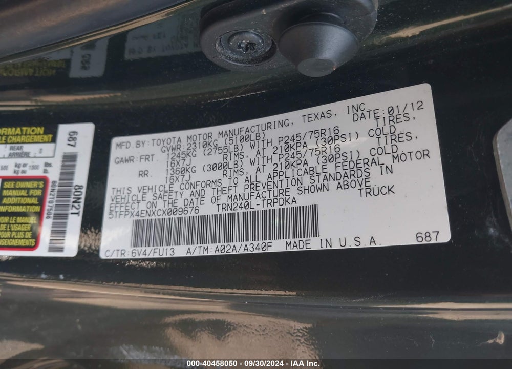 2012 TOYOTA TACOMA VIN: 5TFPX4ENXCX009676