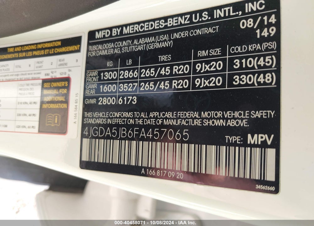 2015 MERCEDES-BENZ ML 350 VIN: 4JGDA5JB6FA457065