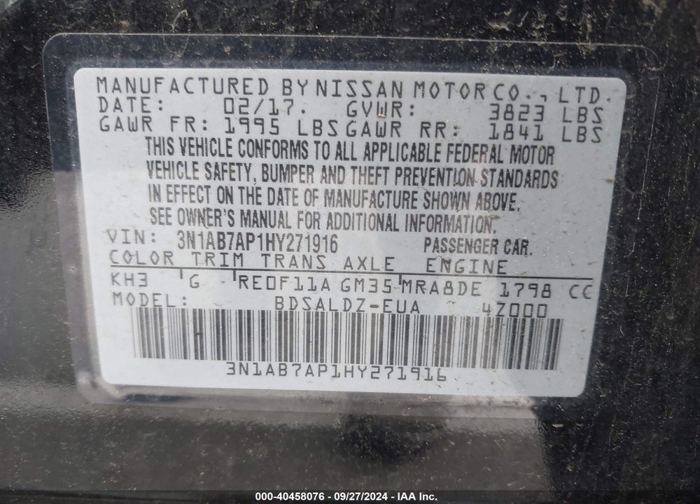 2017 NISSAN SENTRA SV VIN: 3N1AB7AP1HY271916