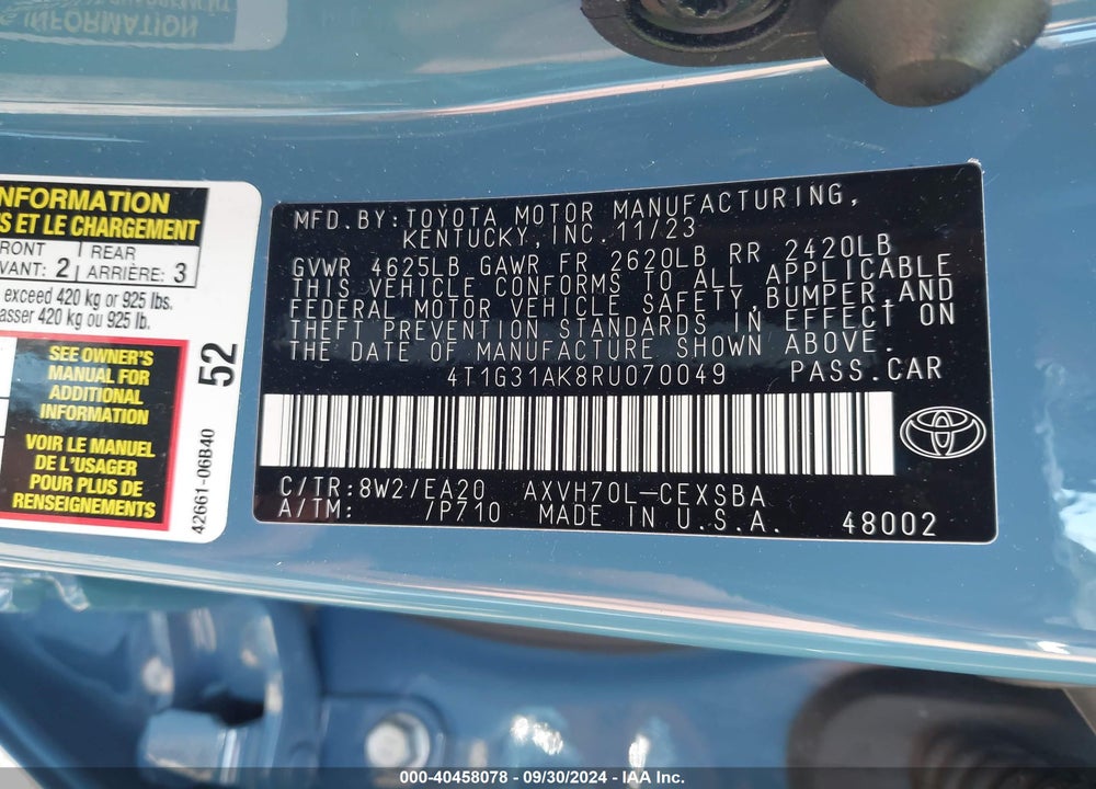 2024 TOYOTA CAMRY HYBRID SE VIN: 4T1G31AK8RU070049
