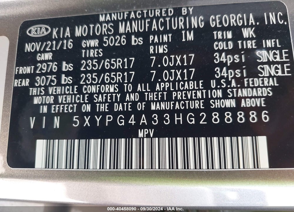 2017 KIA SORENTO 2.4L L VIN: 5XYPG4A33HG288886