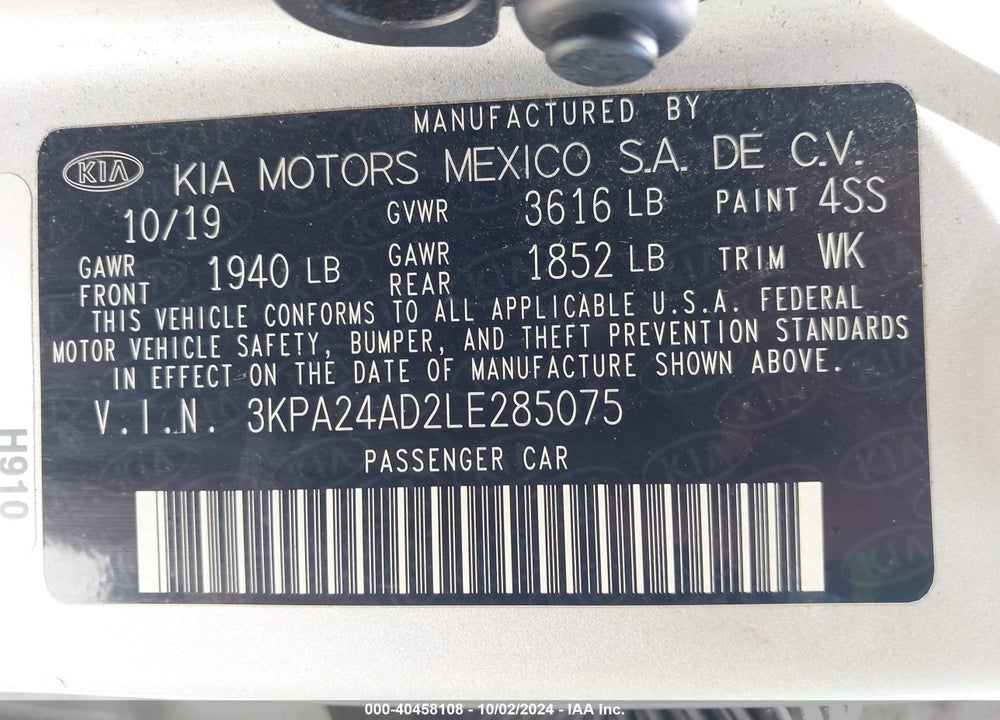 2020 KIA RIO VIN: 3KPA24AD2LE285075