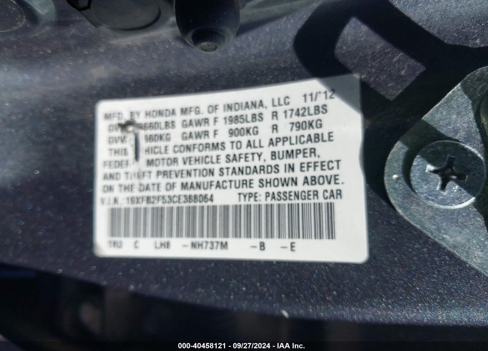 2012 HONDA CIVIC LX VIN: 19XFB2F53CE388064