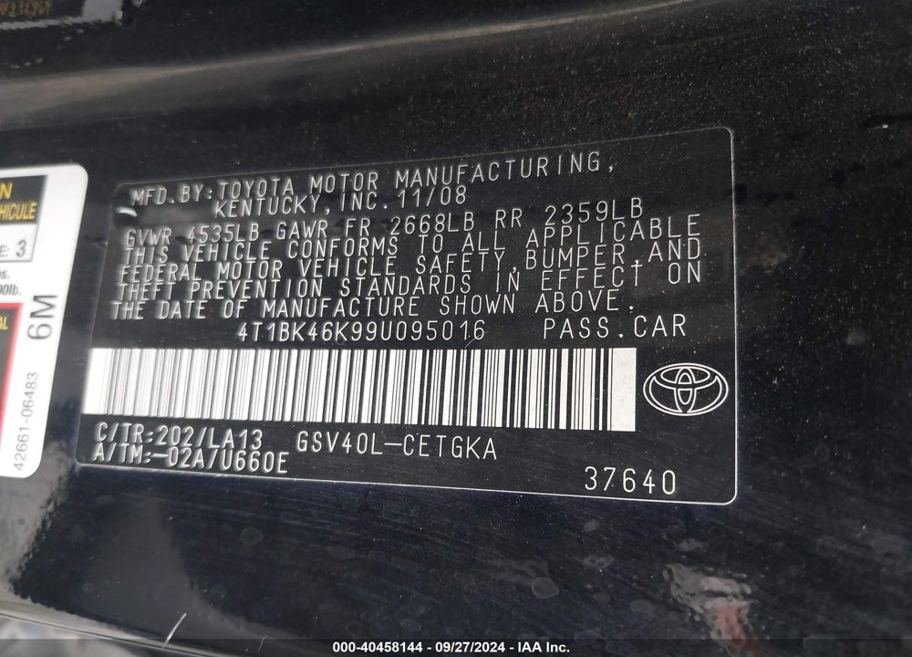 2009 TOYOTA CAMRY XLE V6 VIN: 4T1BK46K99U095016