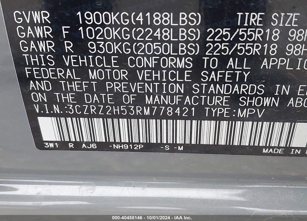 2024 HONDA HR-V AWD SPORT/AWD SPORT W/O BSI VIN: 3CZRZ2H53RM778421