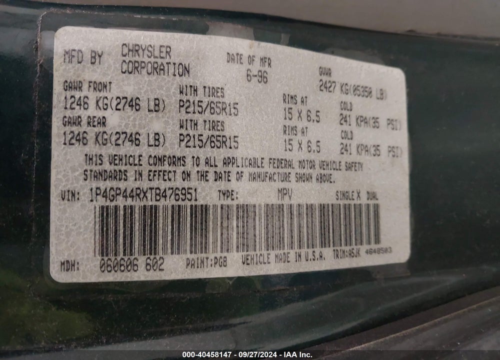 1996 PLYMOUTH GRAND VOYAGER SE VIN: 1P4GP44RXTB476951