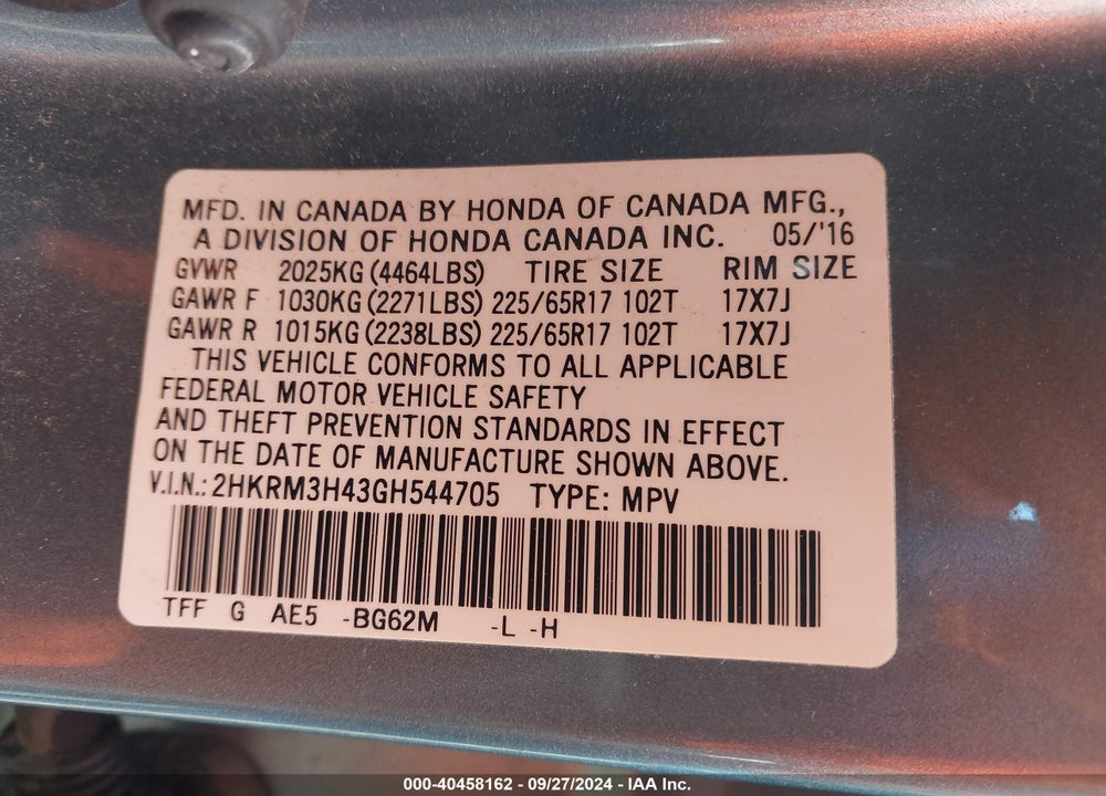 2016 HONDA CR-V SE VIN: 2HKRM3H43GH544705