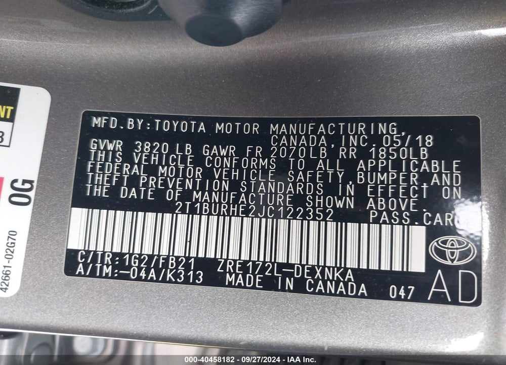 2018 TOYOTA COROLLA LE VIN: 2T1BURHE2JC122352