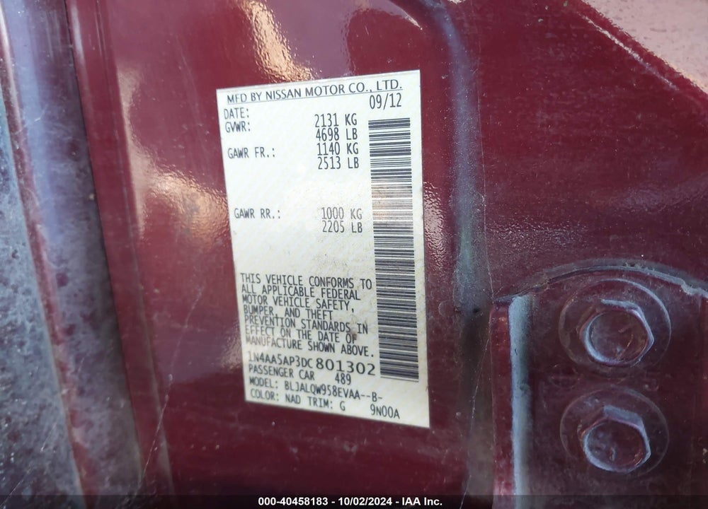 2013 NISSAN MAXIMA 3.5 S VIN: 1N4AA5AP3DC801302