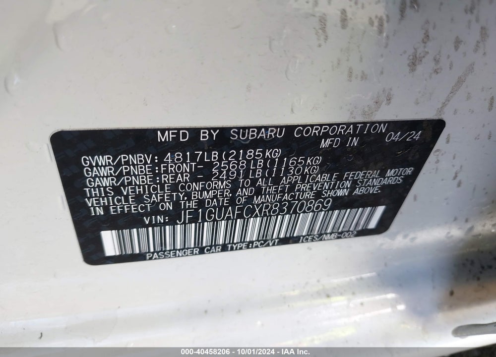 2024 SUBARU IMPREZA SPORT 5-DOOR VIN: JF1GUAFCXR8370869