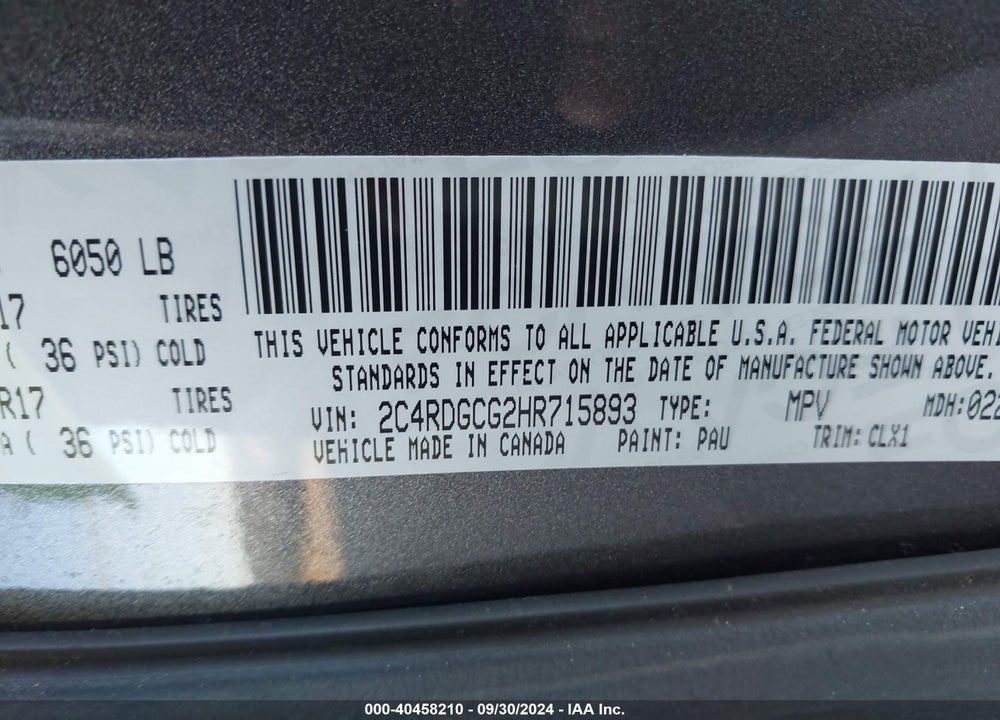 2017 DODGE GRAND CARAVAN SXT VIN: 2C4RDGCG2HR715893