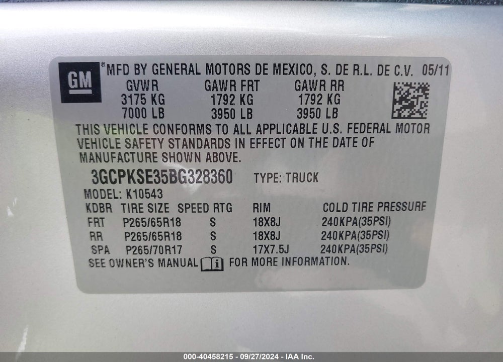 2011 CHEVROLET SILVERADO 1500 LT VIN: 3GCPKSE35BG328360