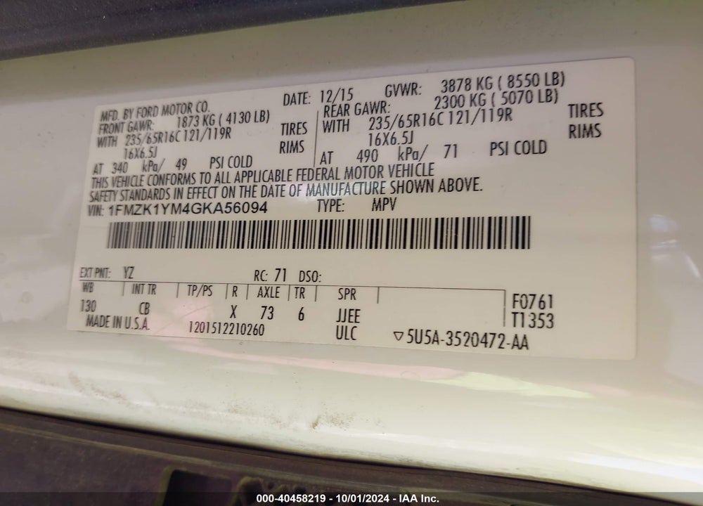 2016 FORD TRANSIT-150 XL VIN: 1FMZK1YM4GKA56094