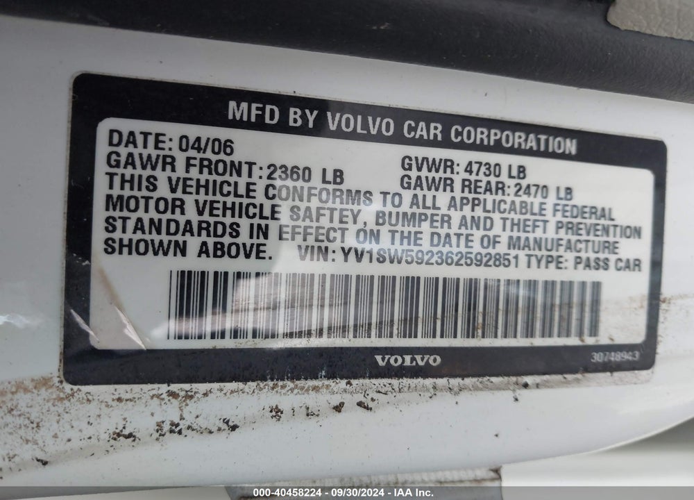 2006 VOLVO V70 2.5T VIN: YV1SW592362592851