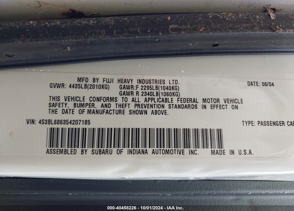 2005 SUBARU LEGACY 2.5GT VIN: 4S3BL686354207185