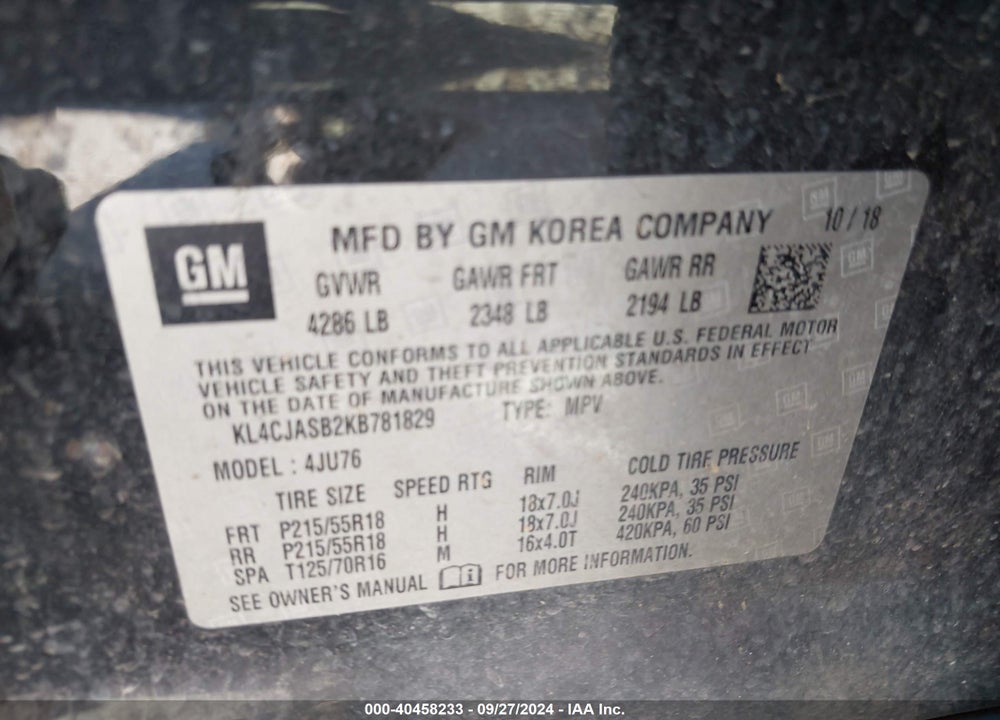 2019 BUICK ENCORE FWD PREFERRED VIN: KL4CJASB2KB781829