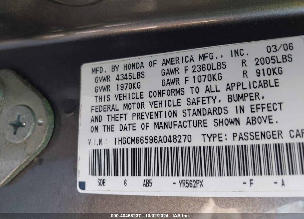 2006 HONDA ACCORD 3.0 EX VIN: 1HGCM66596A048270