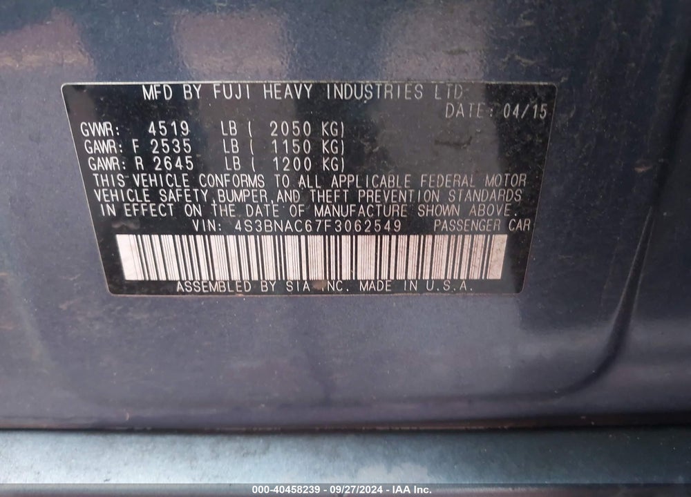 2015 SUBARU LEGACY 2.5I PREMIUM VIN: 4S3BNAC67F3062549