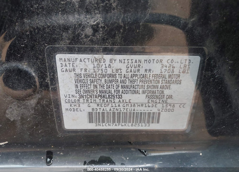 2019 NISSAN VERSA 1.6 S+ VIN: 3N1CN7AP6KL825133