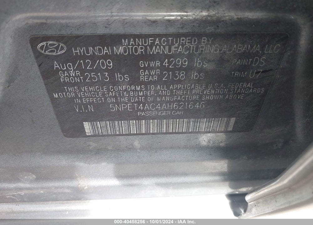 2010 HYUNDAI SONATA GLS VIN: 5NPET4AC4AH621646